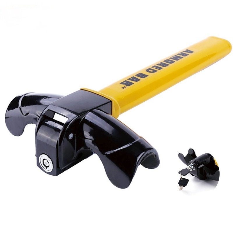 Yellow T-Type steering wheel lock installed for vehicle anti-theft protection Yellow T-Type steering wheel lock installed for vehicle anti-theft protection